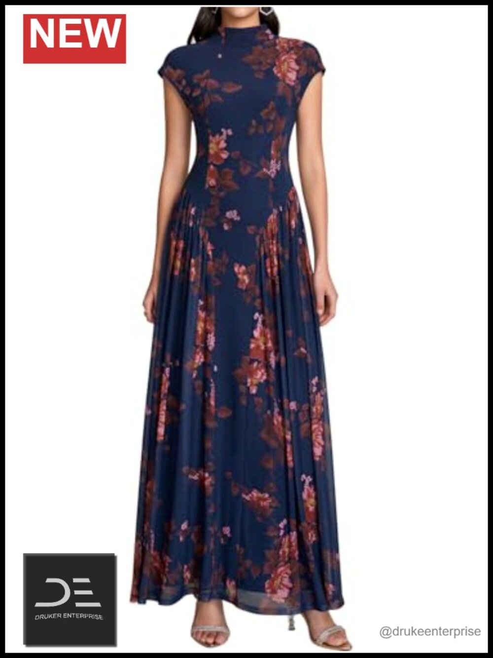 Floral Maxi Dress Women Mock Neck Cap Sleeve Wedding Guest